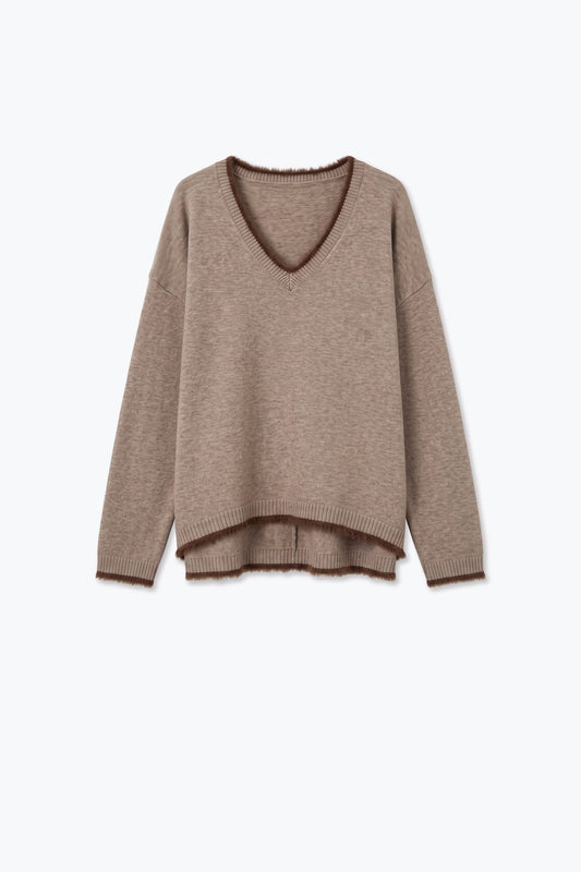 Camel V-Neck Sweater with Faux Fur Trim