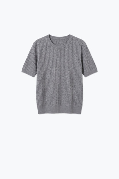 Short-sleeve sweater in gray knit with ribbed edge