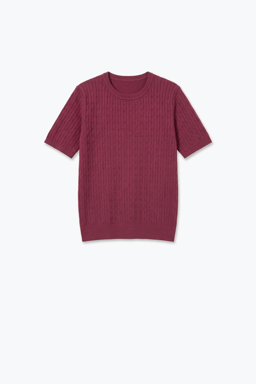 wine Cable Knit Crew Neck Short Sleeve Sweater