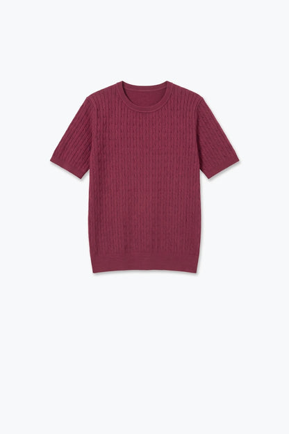 wine Cable Knit Crew Neck Short Sleeve Sweater