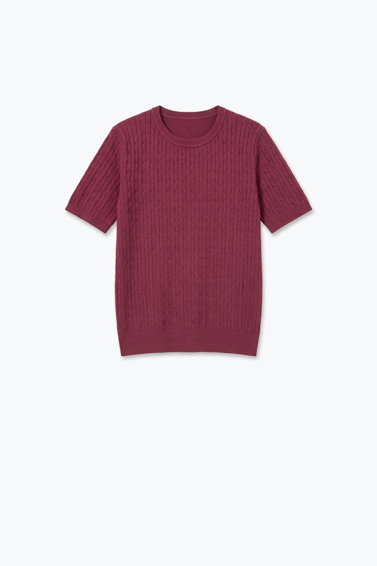 wine Cable Knit Crew Neck Short Sleeve Sweater