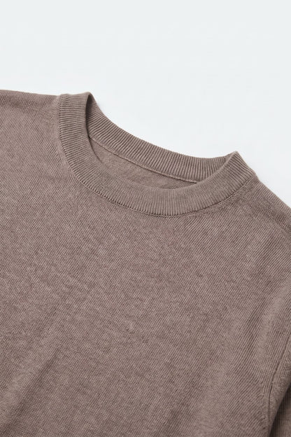 Powder Pink Merino Wool Blend Fine Knit Crew Neck Ribbed Trim Sweater