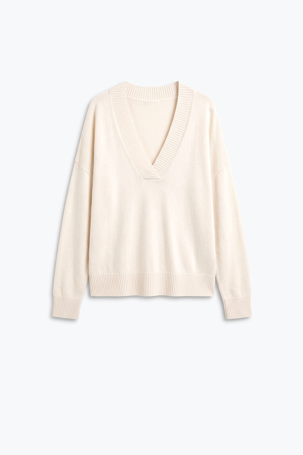 Beige Soft Knit Wide V Neck Rib Trim Relaxed Sweater
