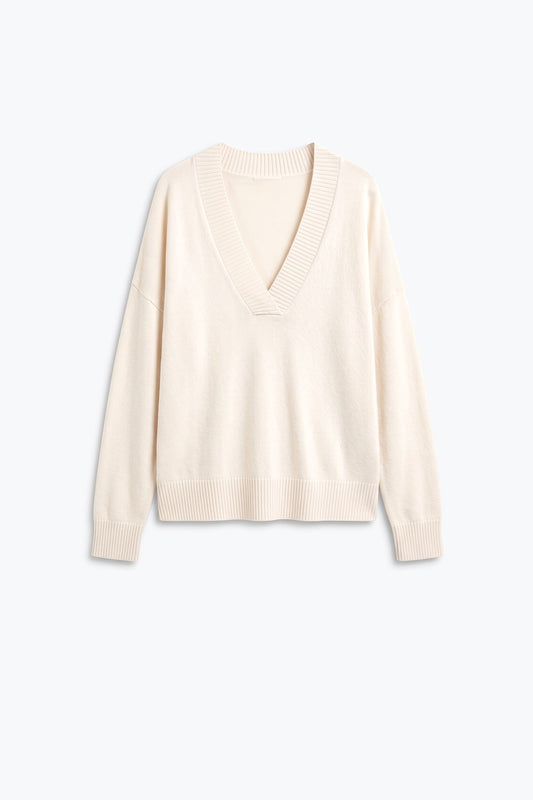 Beige Soft Knit Wide V Neck Rib Trim Relaxed Sweater