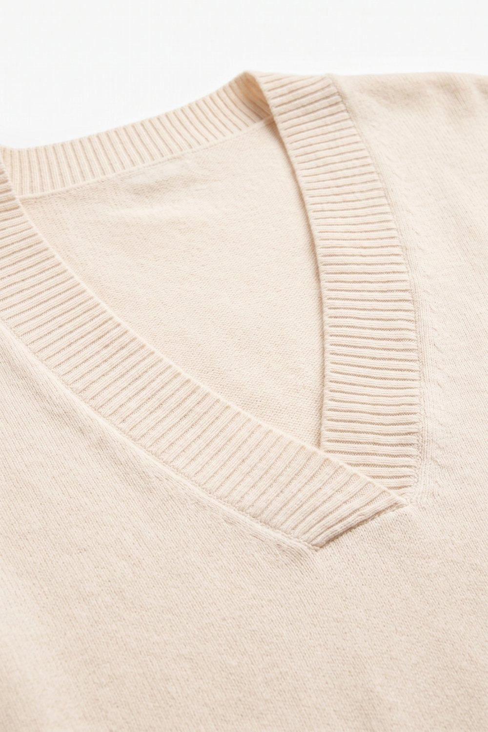 Beige Soft Knit Wide V Neck Rib Trim Relaxed Sweater