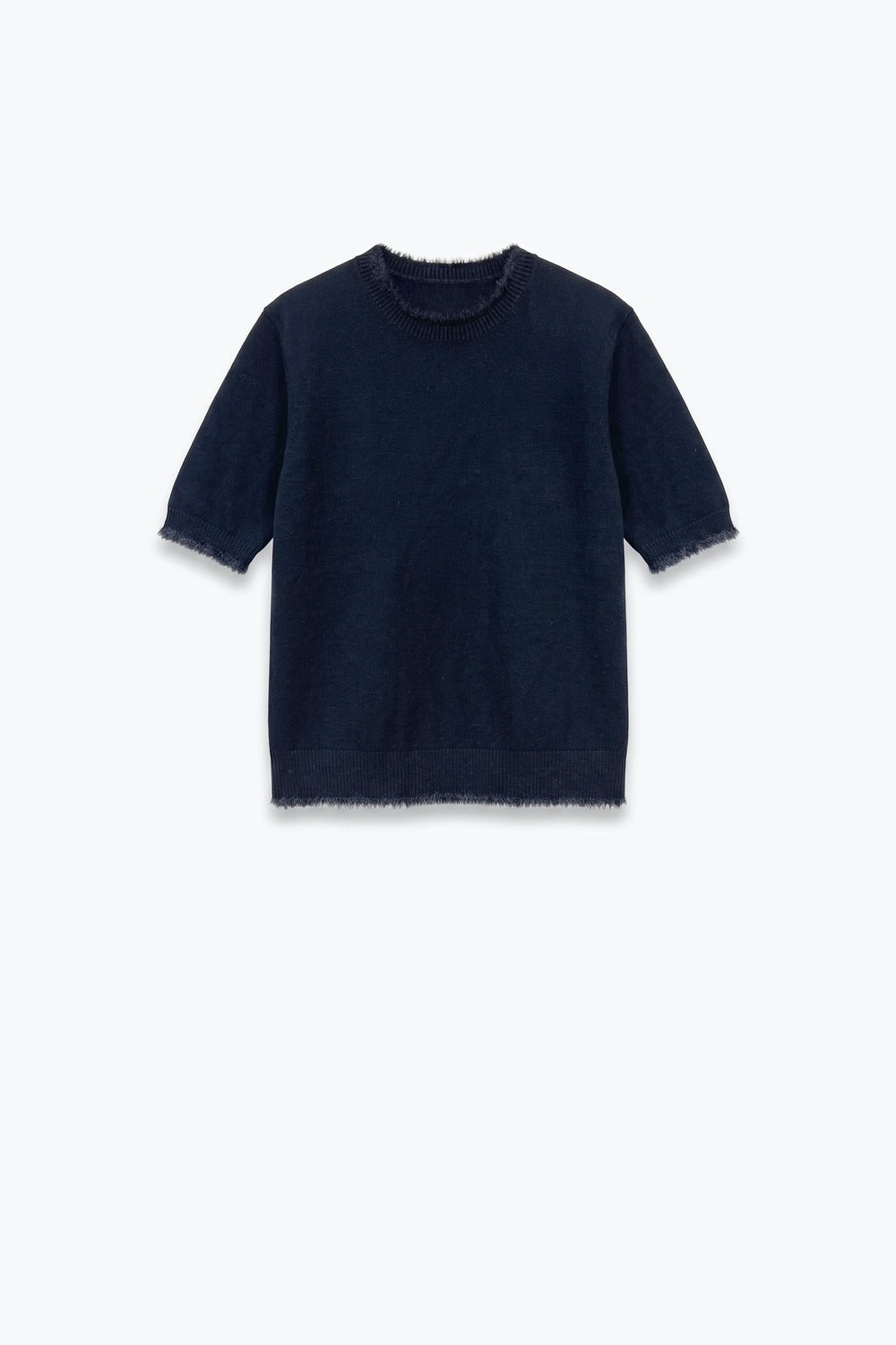 Black Short Sleeve Crew Neck Sweater with Faux Fur Trim