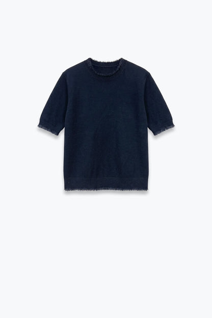 Black Short Sleeve Crew Neck Sweater with Faux Fur Trim
