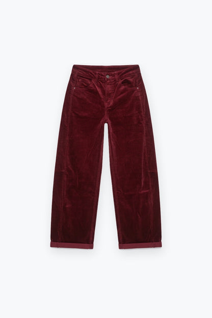 Corduroy High Rise wide Barrell leg Pants in burgundy