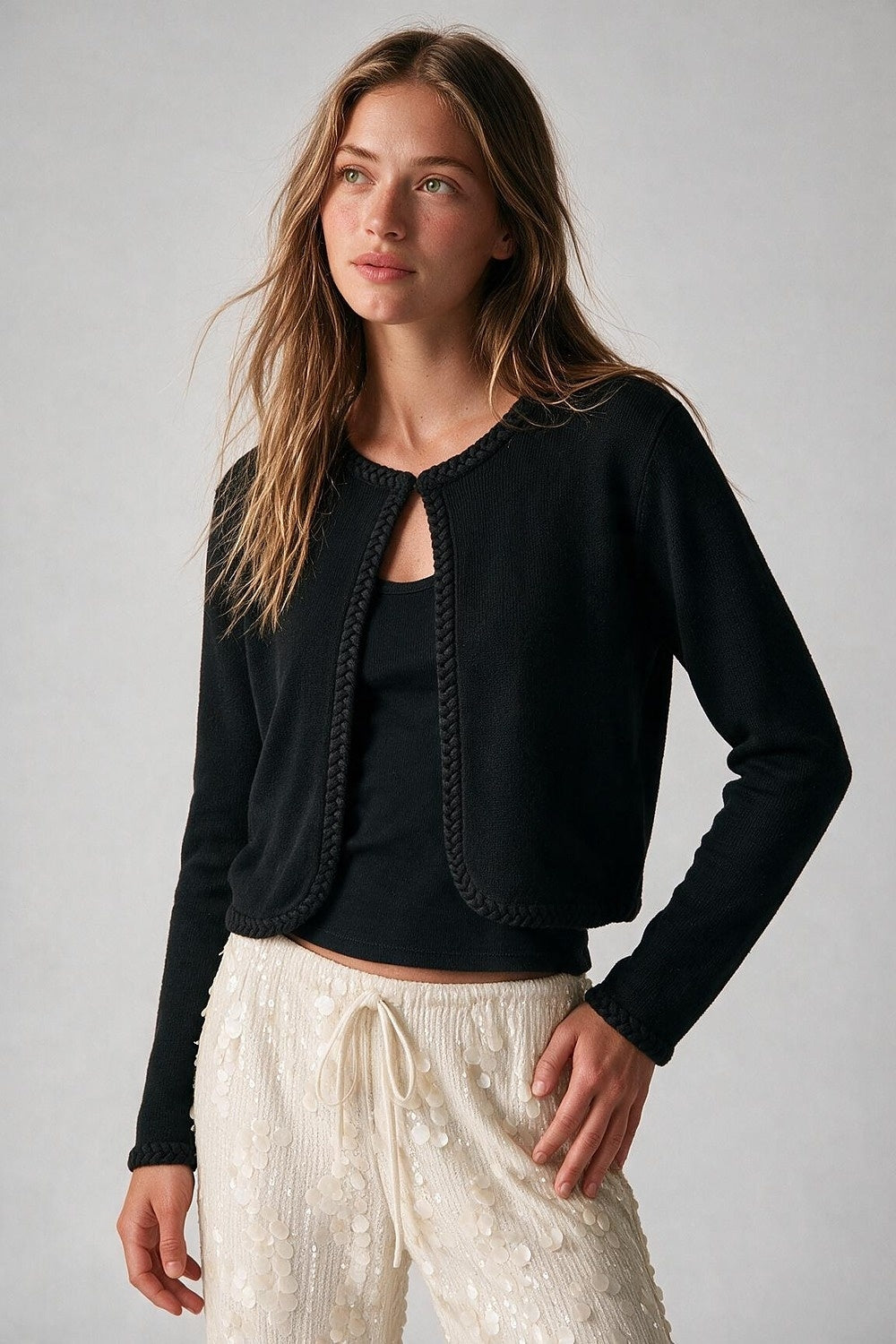 Black Fine Knit Braided Trim Cropped Cardigan