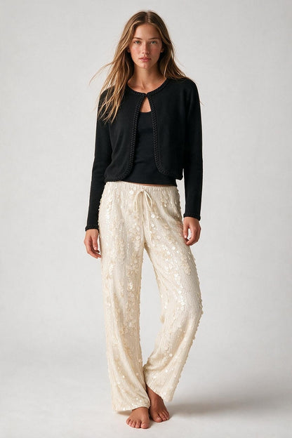 Black Fine Knit Braided Trim Cropped Cardigan