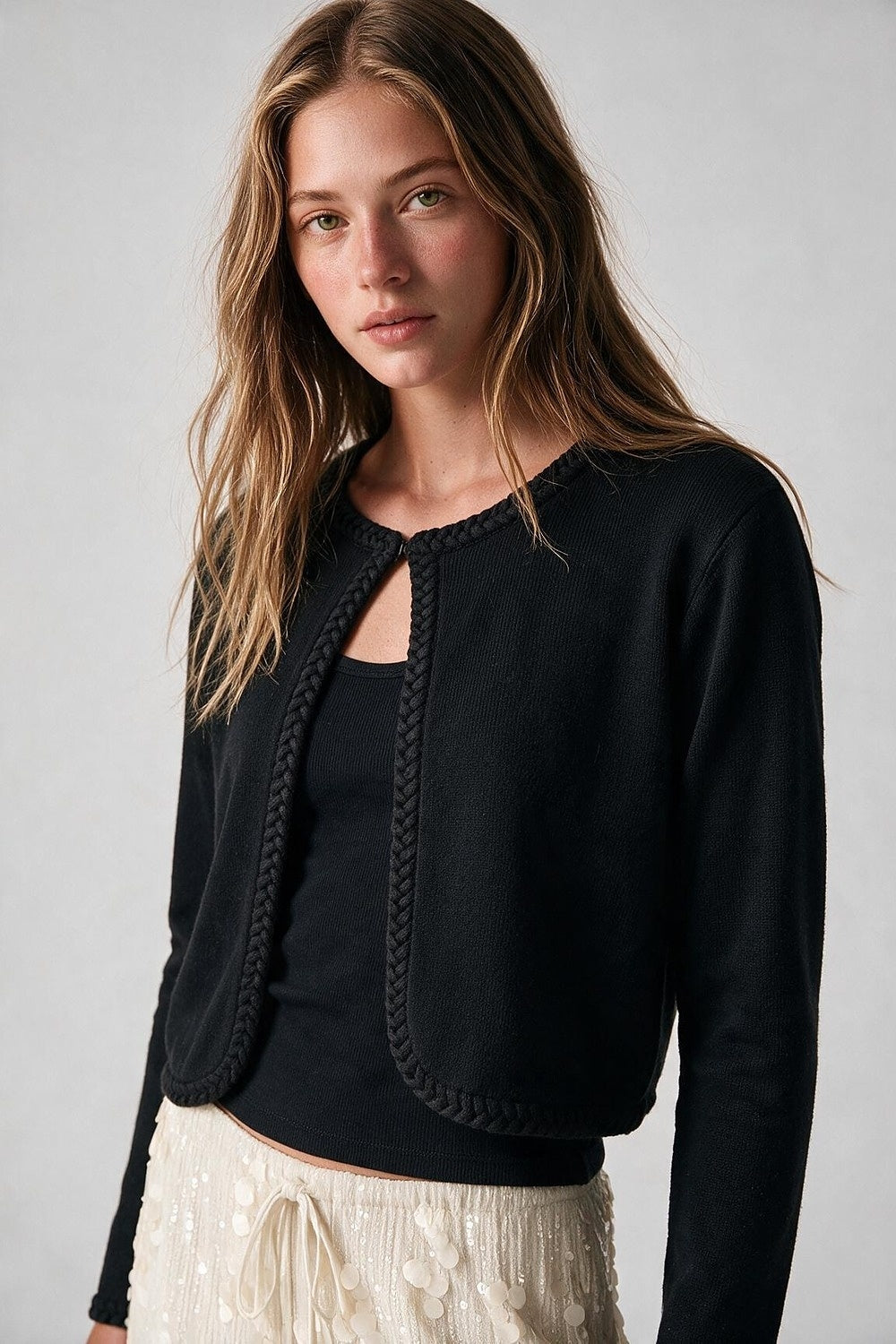 Black Fine Knit Braided Trim Cropped Cardigan