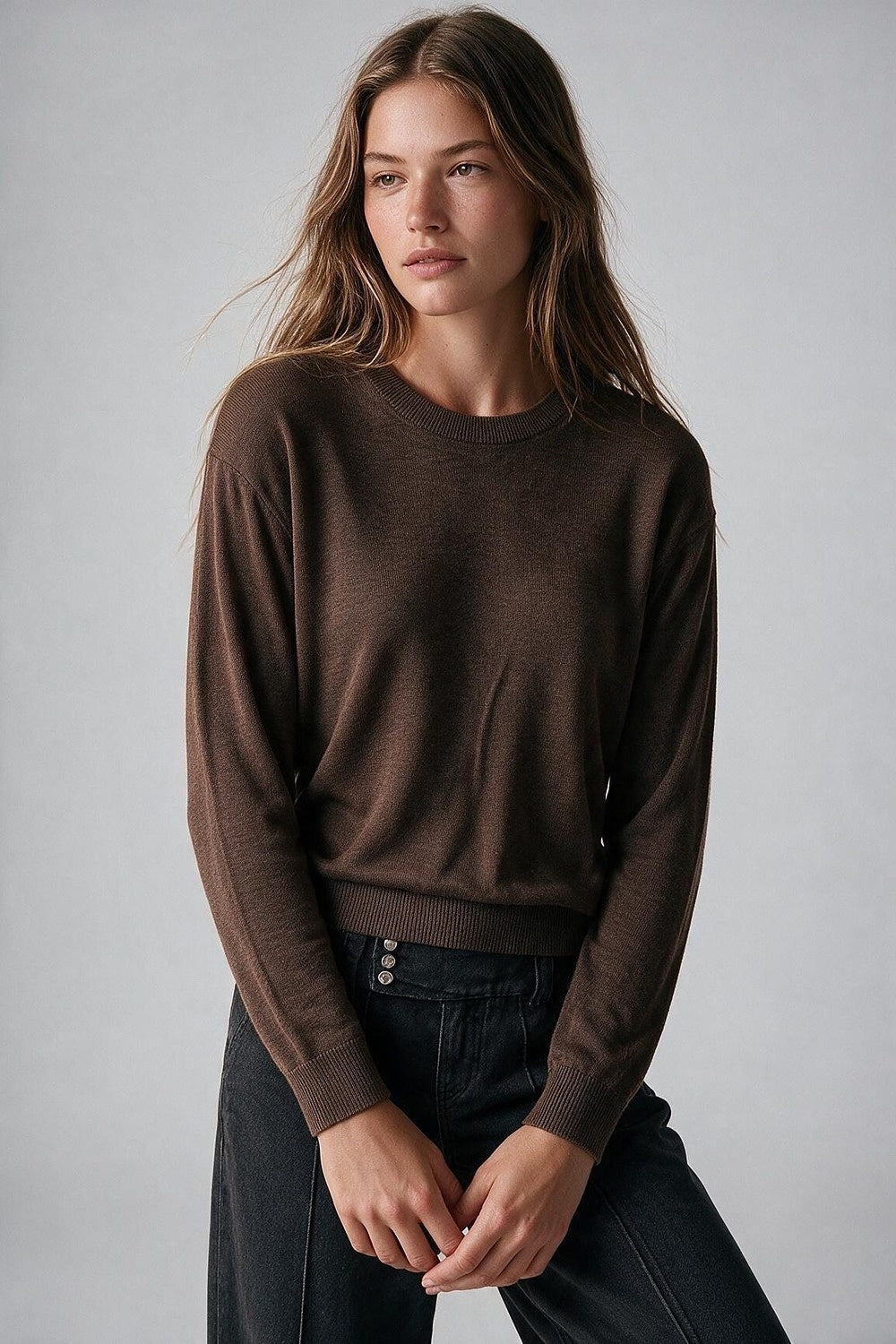 camel Merino Wool Blend Fine Knit Crew Neck Sweater