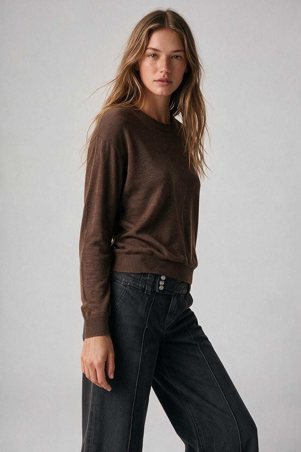 camel Merino Wool Blend Fine Knit Crew Neck Sweater