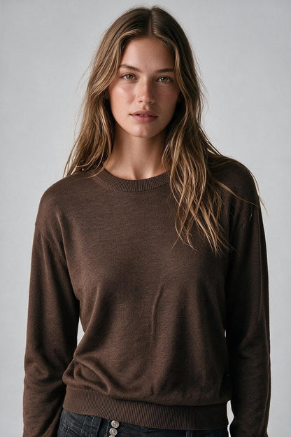 camel Merino Wool Blend Fine Knit Crew Neck Sweater