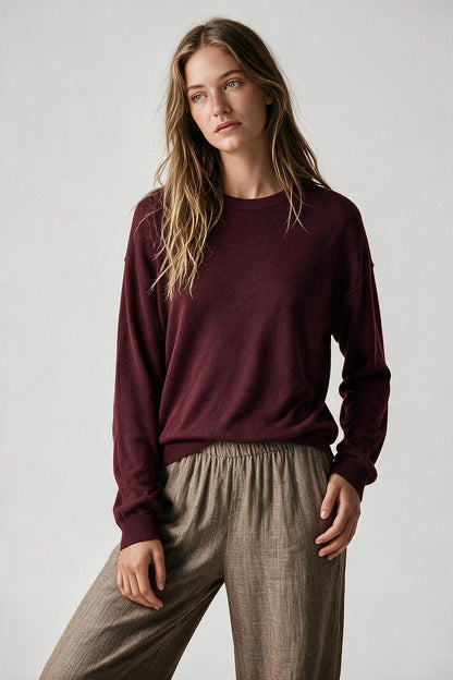 Burgundy Merino Wool Blend Fine Knit Crew Neck Sweater