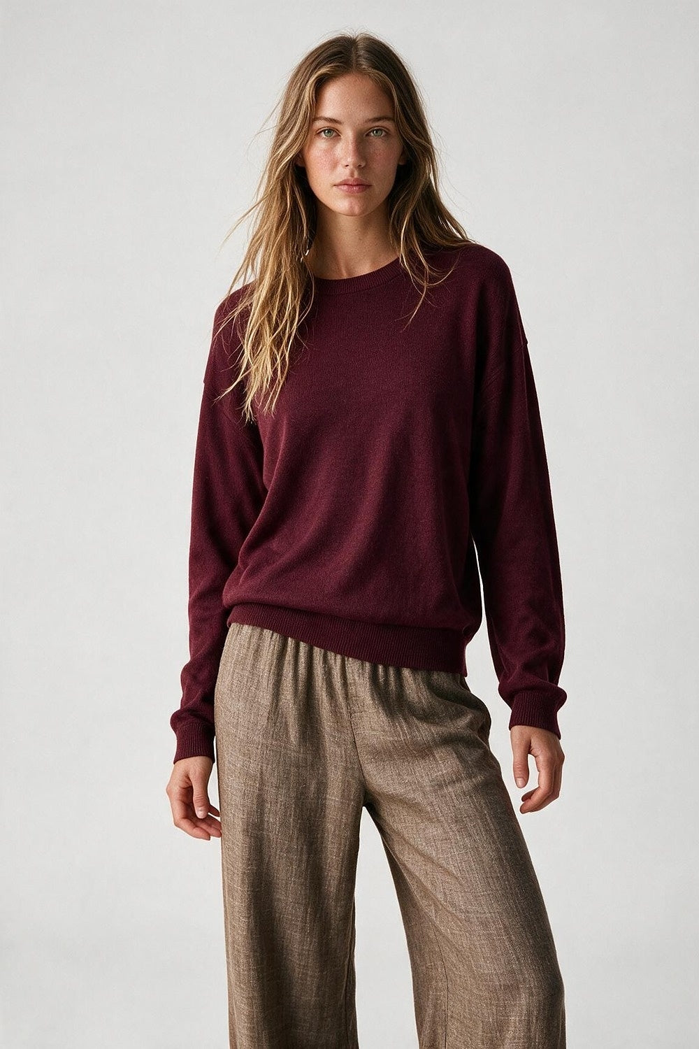 Burgundy Merino Wool Blend Fine Knit Crew Neck Sweater