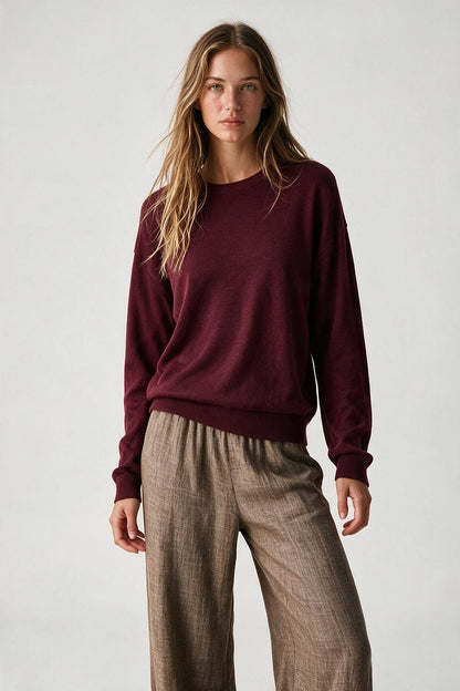 Burgundy Merino Wool Blend Fine Knit Crew Neck Sweater