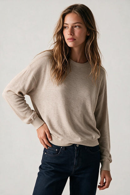 Merino Wool Blend Fine Knit Crew Neck Sweater in fango color