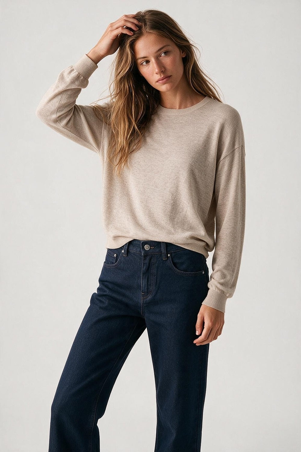 Merino Wool Blend Fine Knit Crew Neck Sweater in fango color