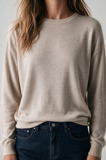 Merino Wool Blend Fine Knit Crew Neck Sweater in fango color