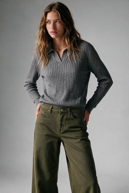 Grey Merino Wool Blend Ribbed Knit Polo Collar Open Placket Sweater
