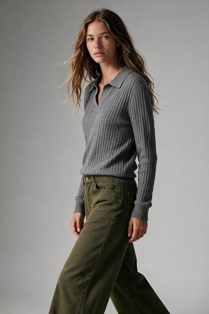 Grey Merino Wool Blend Ribbed Knit Polo Collar Open Placket Sweater