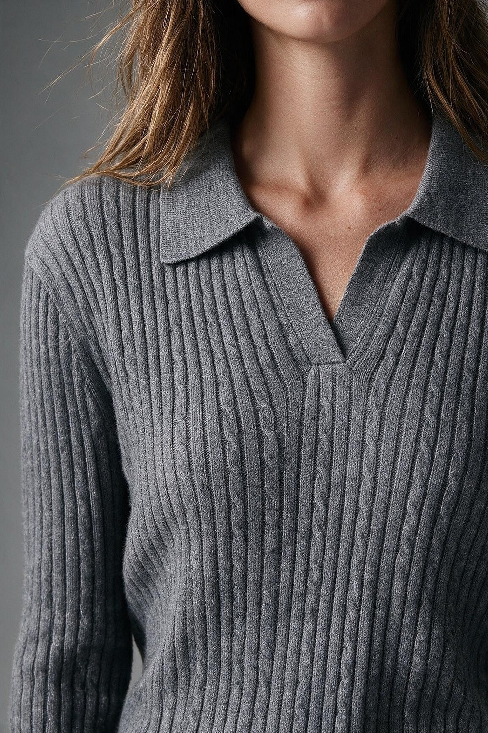 Grey Merino Wool Blend Ribbed Knit Polo Collar Open Placket Sweater