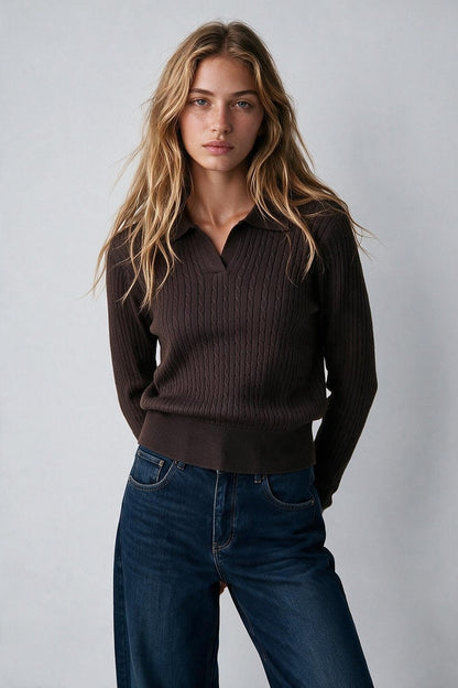 brown Merino Wool Blend Cable Knit Polo Collar Ribbed Trim Sweater