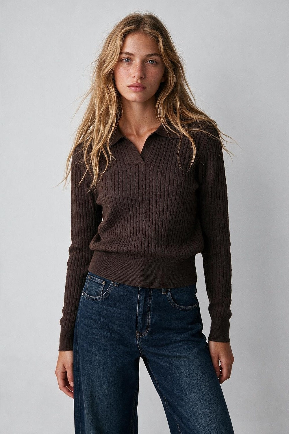 brown Merino Wool Blend Cable Knit Polo Collar Ribbed Trim Sweater
