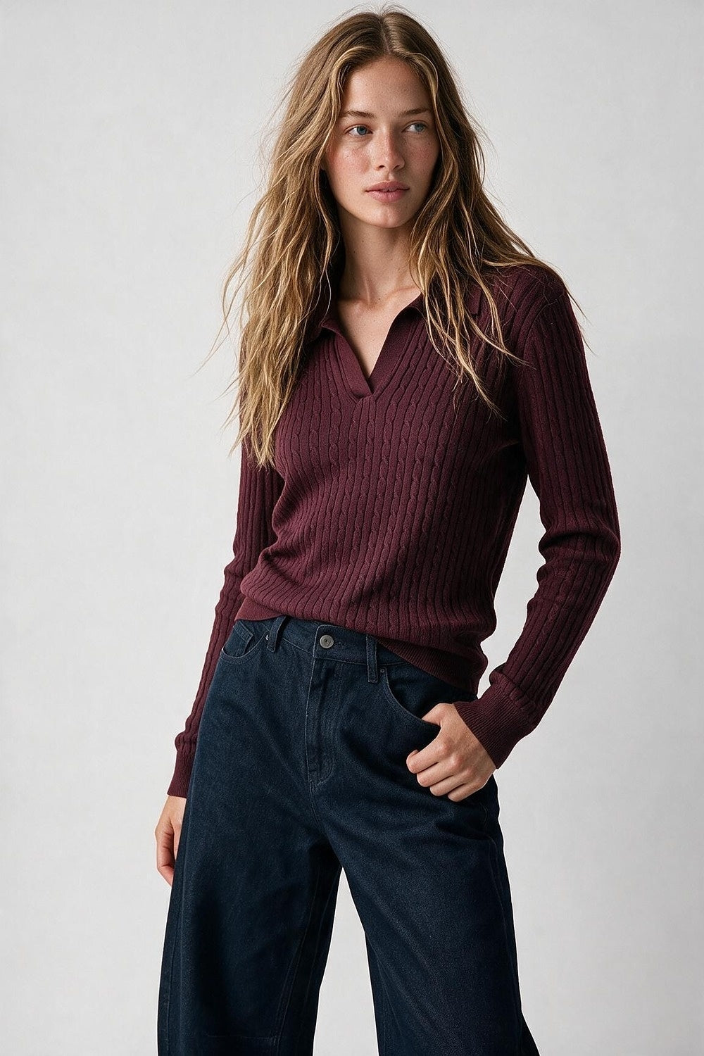 Purple Merino Wool Blend Cable Knit Polo Collar V Neck Sweater