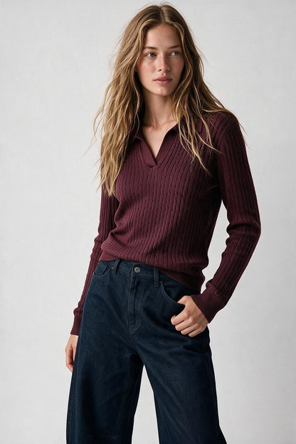 Purple Merino Wool Blend Cable Knit Polo Collar V Neck Sweater