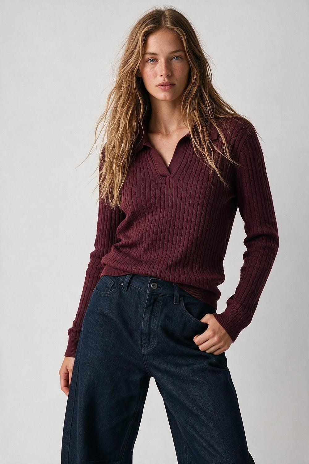 Purple Merino Wool Blend Cable Knit Polo Collar V Neck Sweater