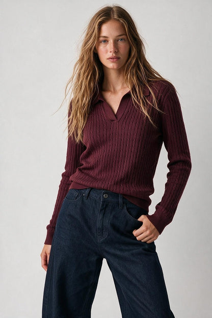 Purple Merino Wool Blend Cable Knit Polo Collar V Neck Sweater
