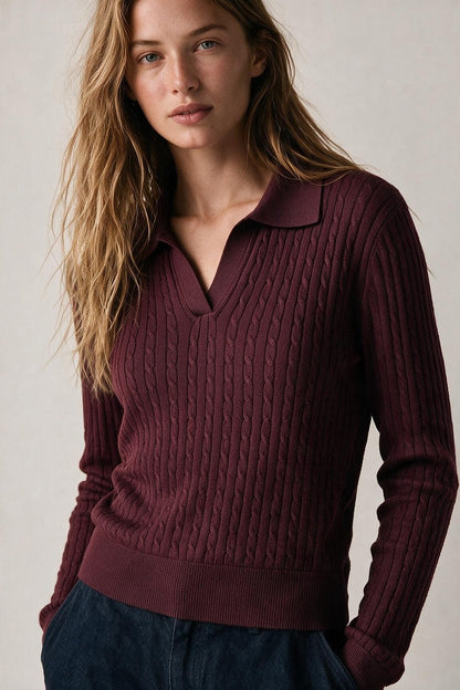 Purple Merino Wool Blend Cable Knit Polo Collar V Neck Sweater