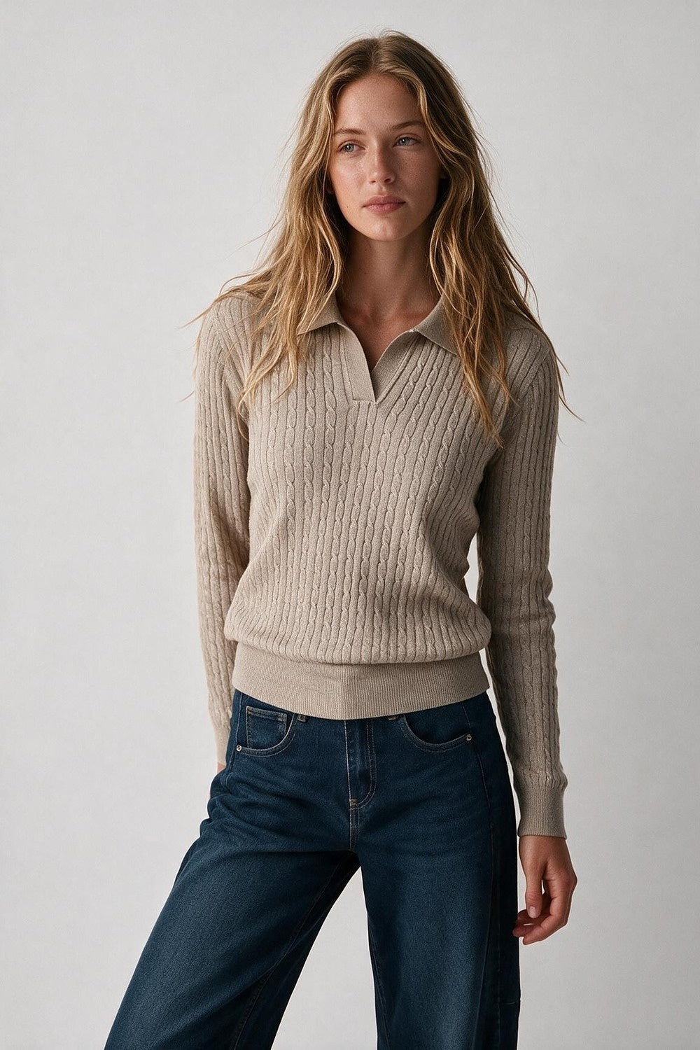 Fango Merino Wool Blend Cable Knit Open Polo Collar Ribbed Trim Sweater