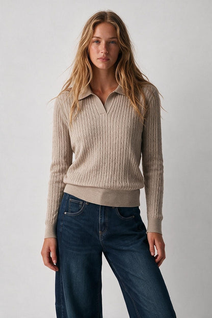 Fango Merino Wool Blend Cable Knit Open Polo Collar Ribbed Trim Sweater