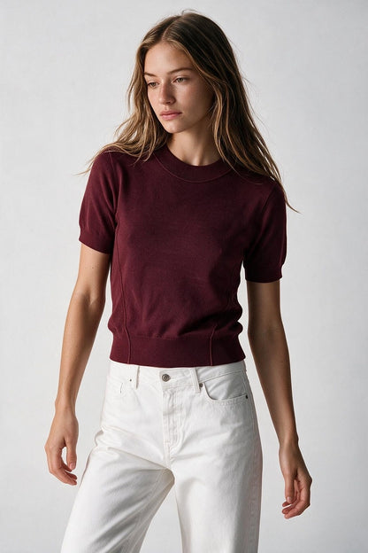 Burgundy Merino Wool Blend Fine Knit Short Sleeve Sweater