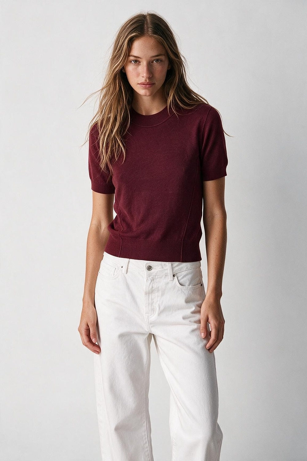 Burgundy Merino Wool Blend Fine Knit Short Sleeve Sweater