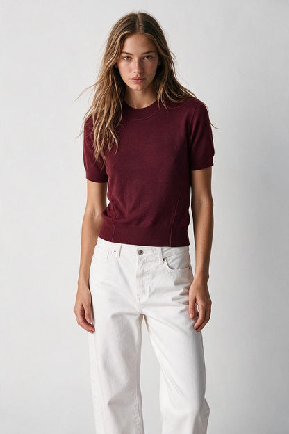 Burgundy Merino Wool Blend Fine Knit Short Sleeve Sweater
