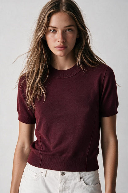 Burgundy Merino Wool Blend Fine Knit Short Sleeve Sweater