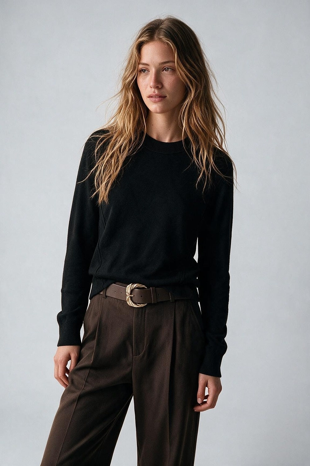 Black Merino Wool Blend Fine Knit long sleeves Seam Detail Sweater