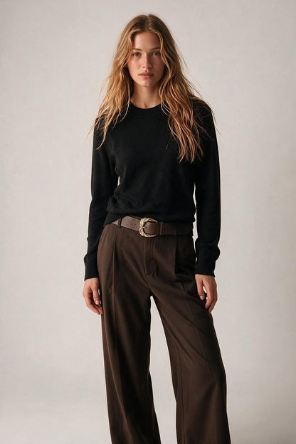 Black Merino Wool Blend Fine Knit long sleeves Seam Detail Sweater