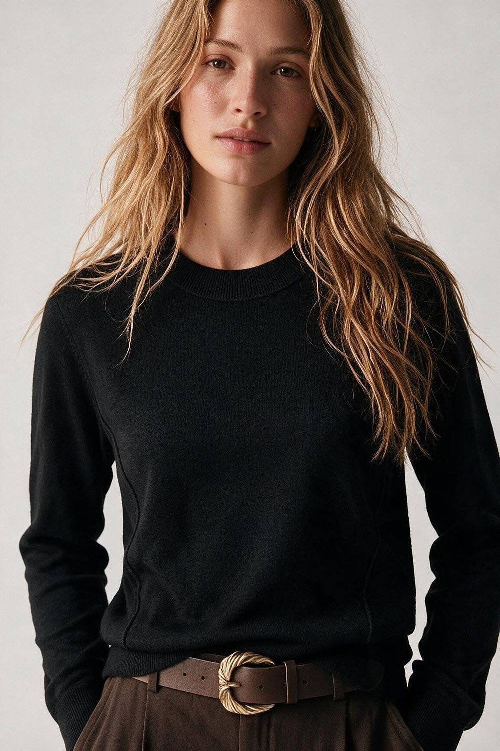 Black Merino Wool Blend Fine Knit long sleeves Seam Detail Sweater