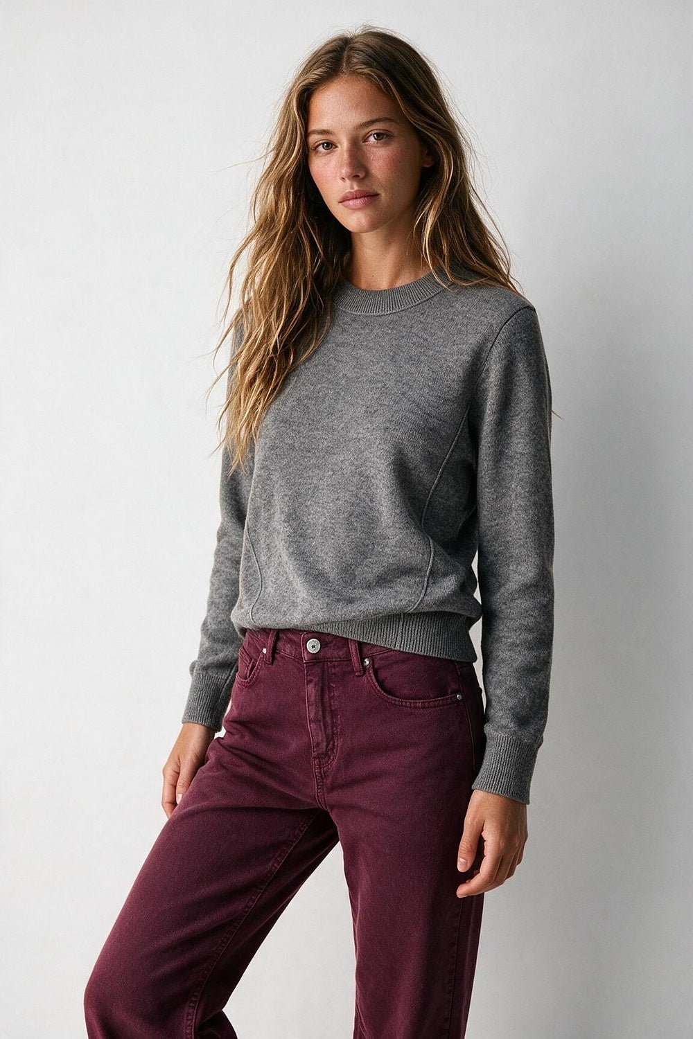 Grey Merino Wool Blend Fine Knit long sleeves Ribbed Trim Sweater