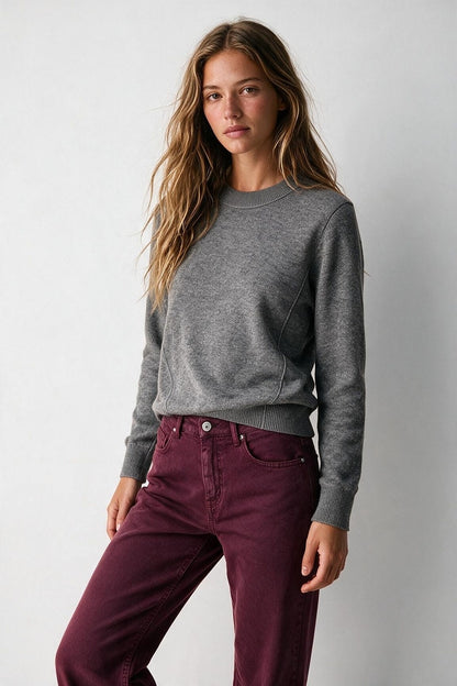 Grey Merino Wool Blend Fine Knit long sleeves Ribbed Trim Sweater