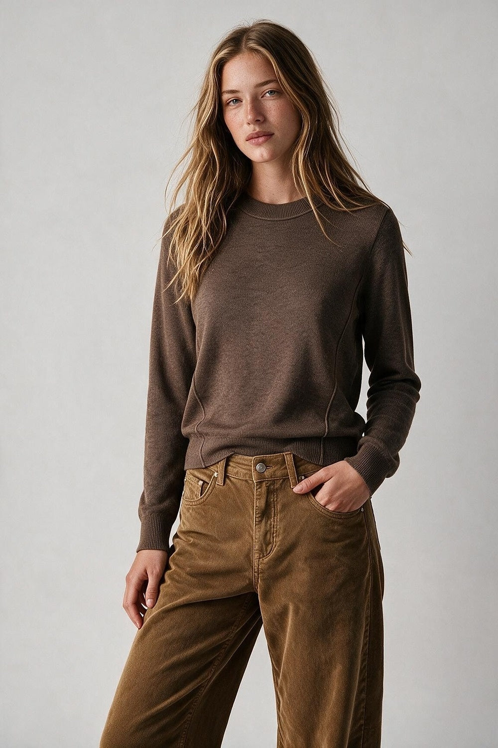 Merino Wool Blend Fine Knit long sleeves Ribbed Trim Sweater in camel