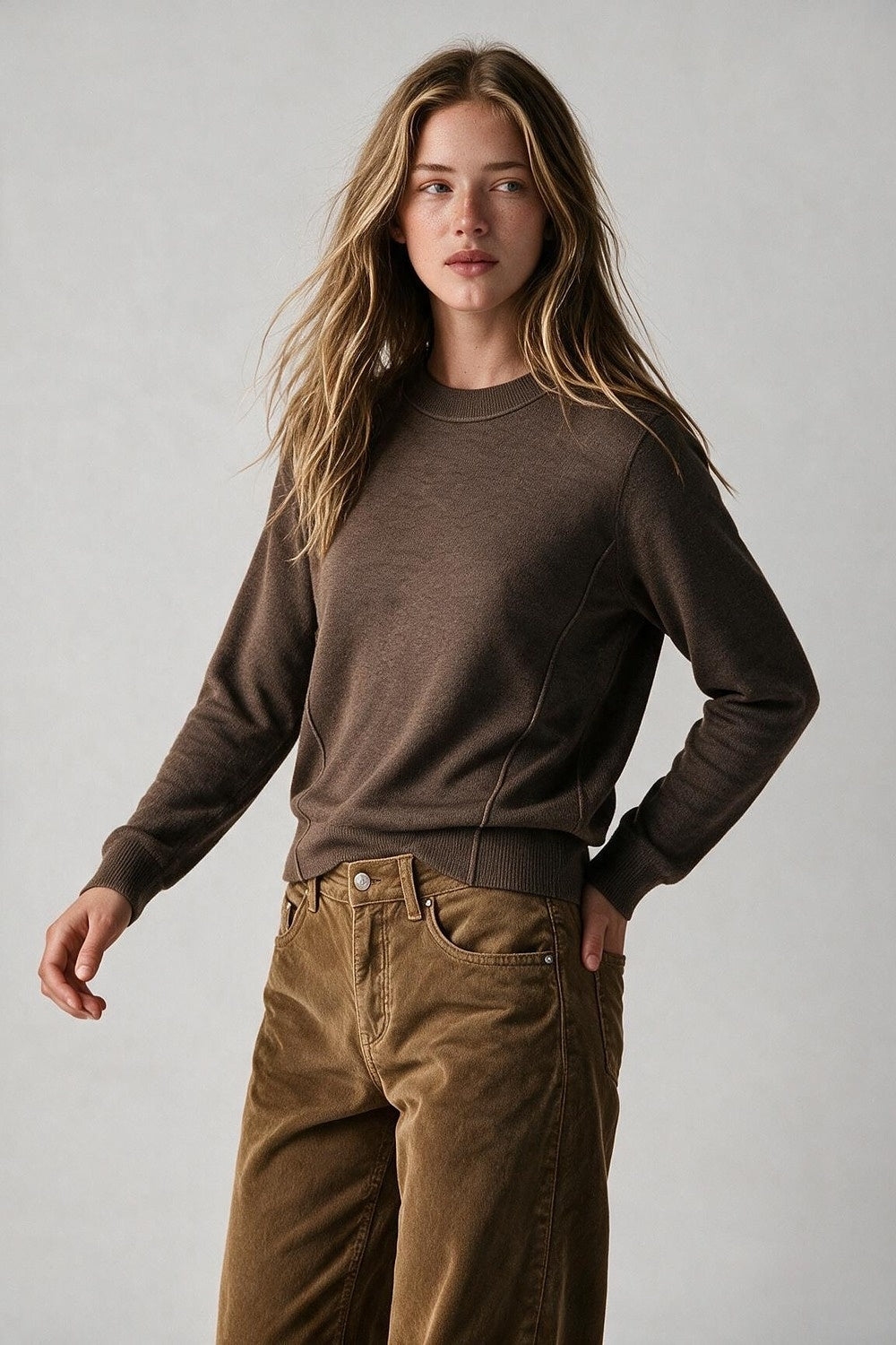 Merino Wool Blend Fine Knit long sleeves Ribbed Trim Sweater in camel