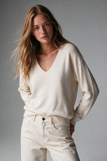 Cream Speckled Fine Knit V Neck Ribbed Trim Sweater with sequins embellished