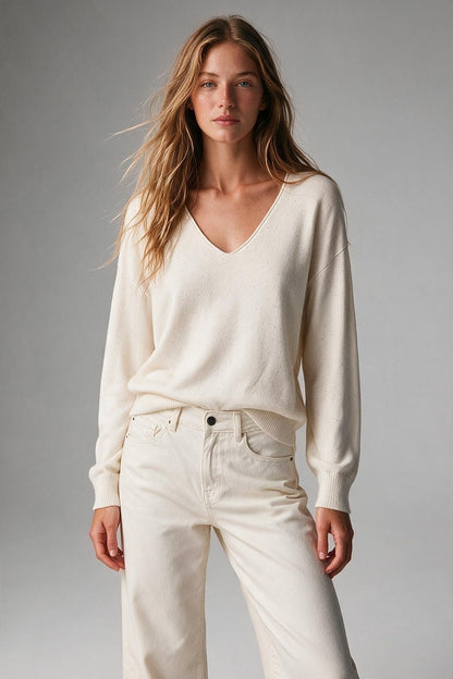 Cream Speckled Fine Knit V Neck Ribbed Trim Sweater with sequins embellished
