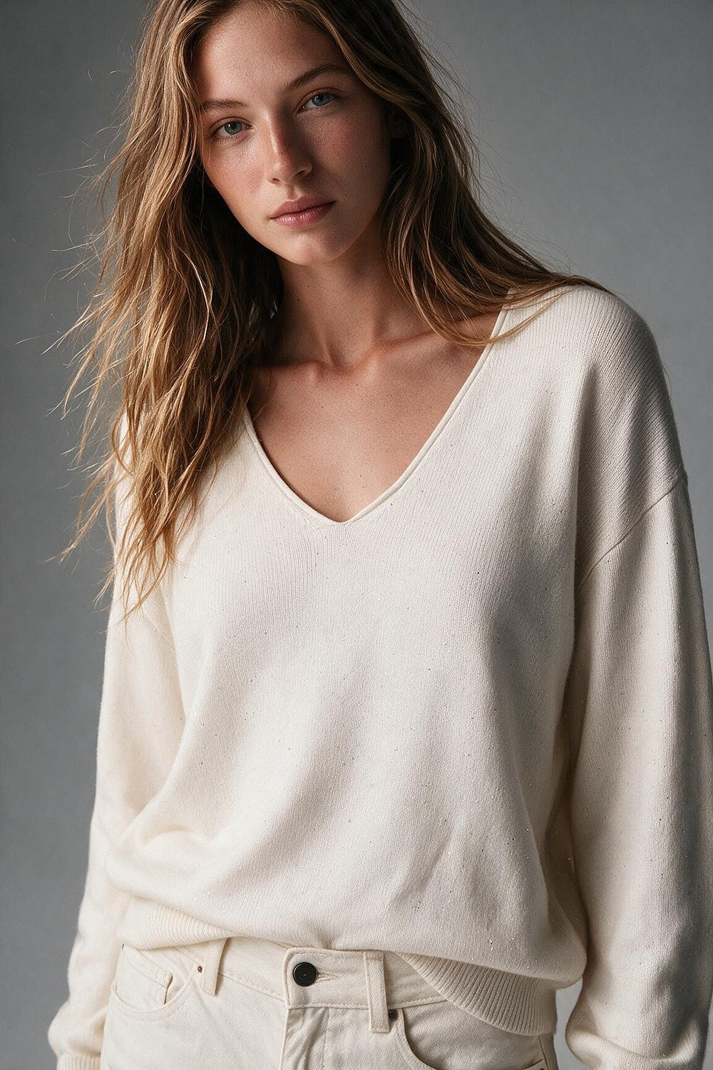 Cream Speckled Fine Knit V Neck Ribbed Trim Sweater with sequins embellished